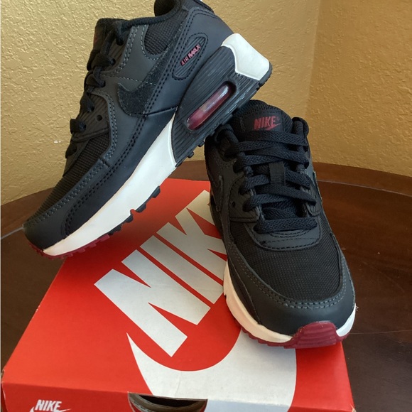 Nike Black and Burgundy Air Max 90 LTR PRESCHOOL Sneakers - Picture 1 of 6
